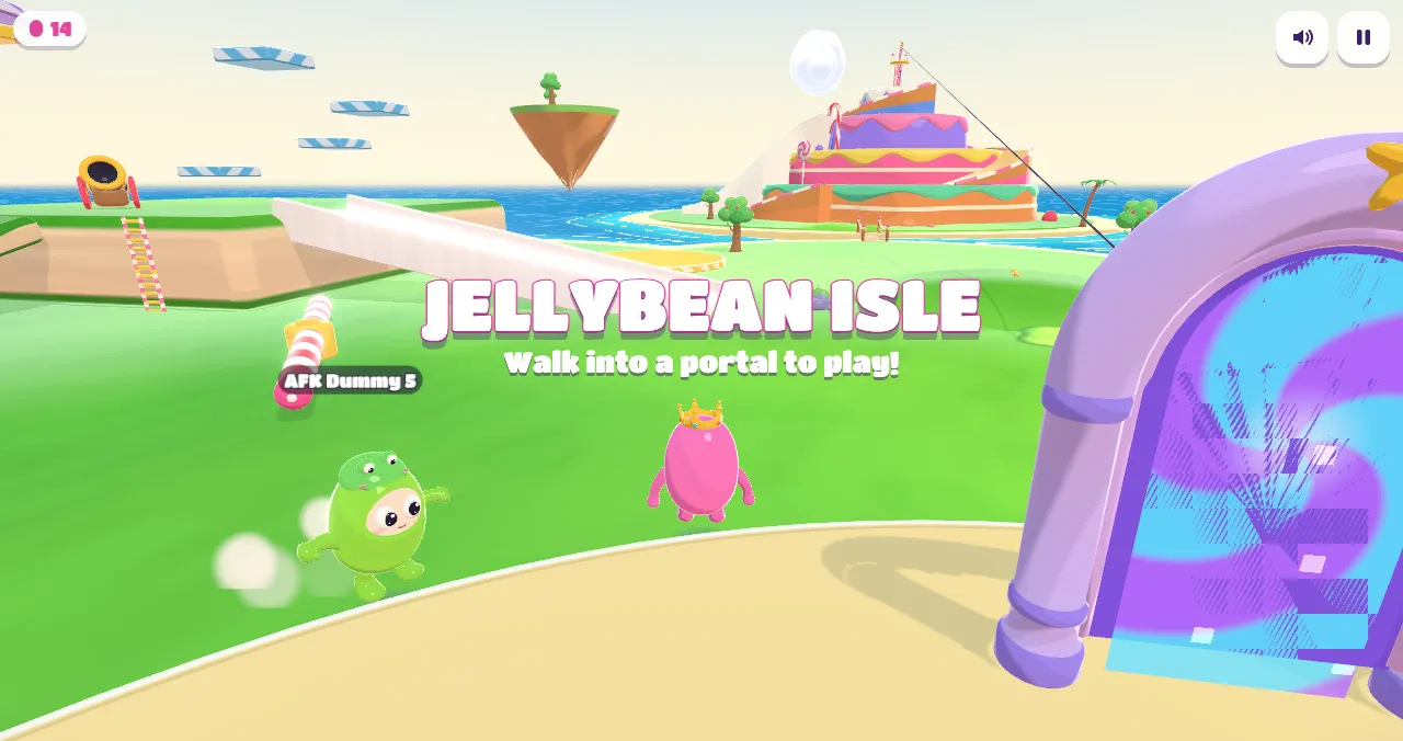 Beans on the hub plaza next to a glowing portal arch