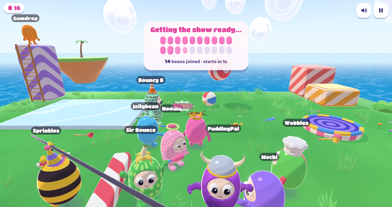 A crowd of beans in hats waiting in the show lobby.
